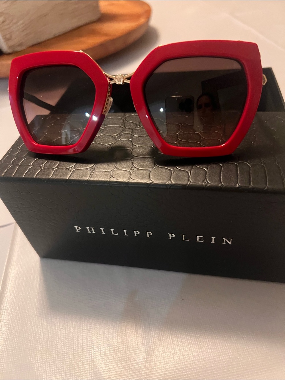 Philipp Plein Red Geometric Frame Sunglasses with Dark Lenses